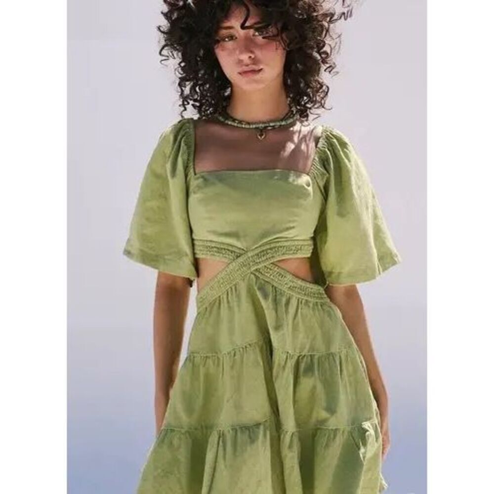 Free People Womens Cutout Tiered Cross Of Sunlight Mini Dress Green Small